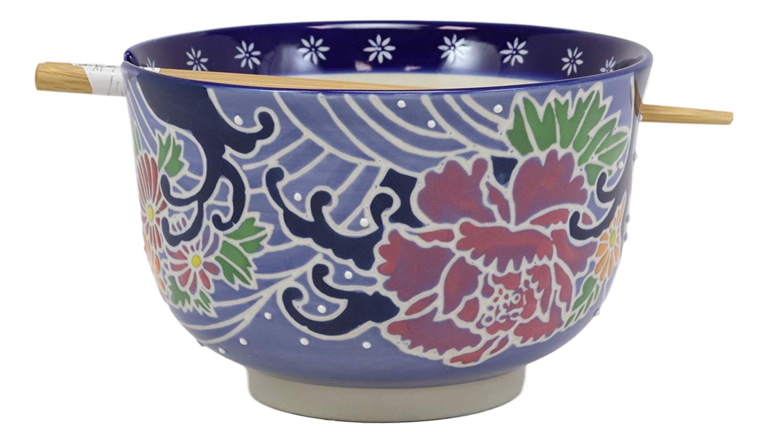 Blue Floral Breeze Ramen Noodles Large 6.25D Pho Soup Bowl With Chopsticks Set