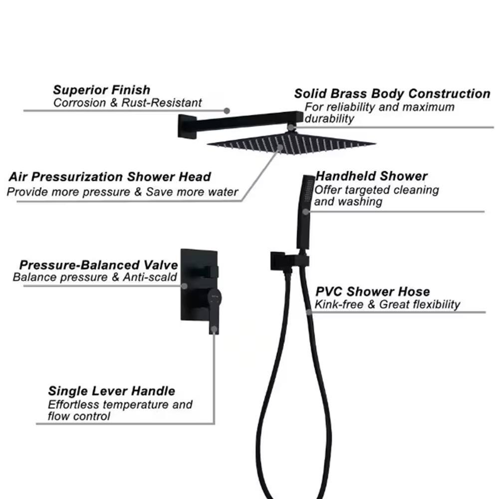 Dowell 2-Spray 10 in. Shower Head Wall Mount Fixed and Handheld Shower Head 2.5 GPM in Black with Shower Floor Drain SMDJE0531HSXS02B