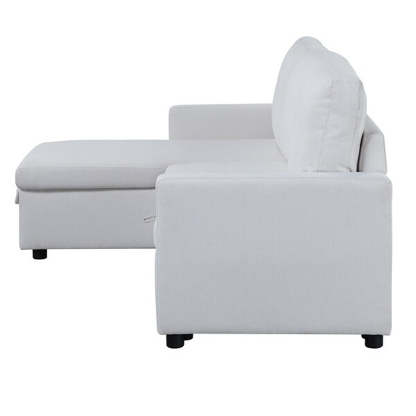 White Fabric Wooden Sleeper Sectional Sofa with Storage， Loveseat with Pull-Out Bed， Reversible， Plastic Legs