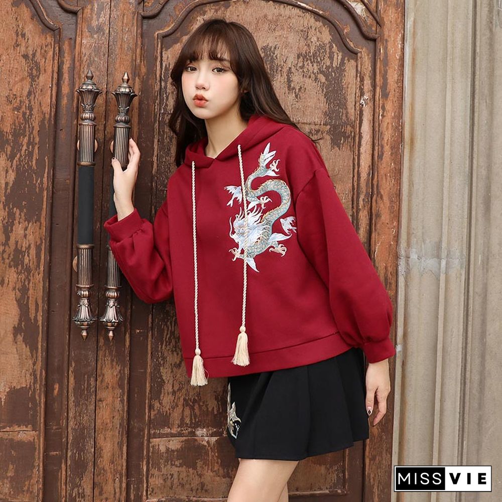 Vintage Dragon Embroidery Hoodie Skirt Set