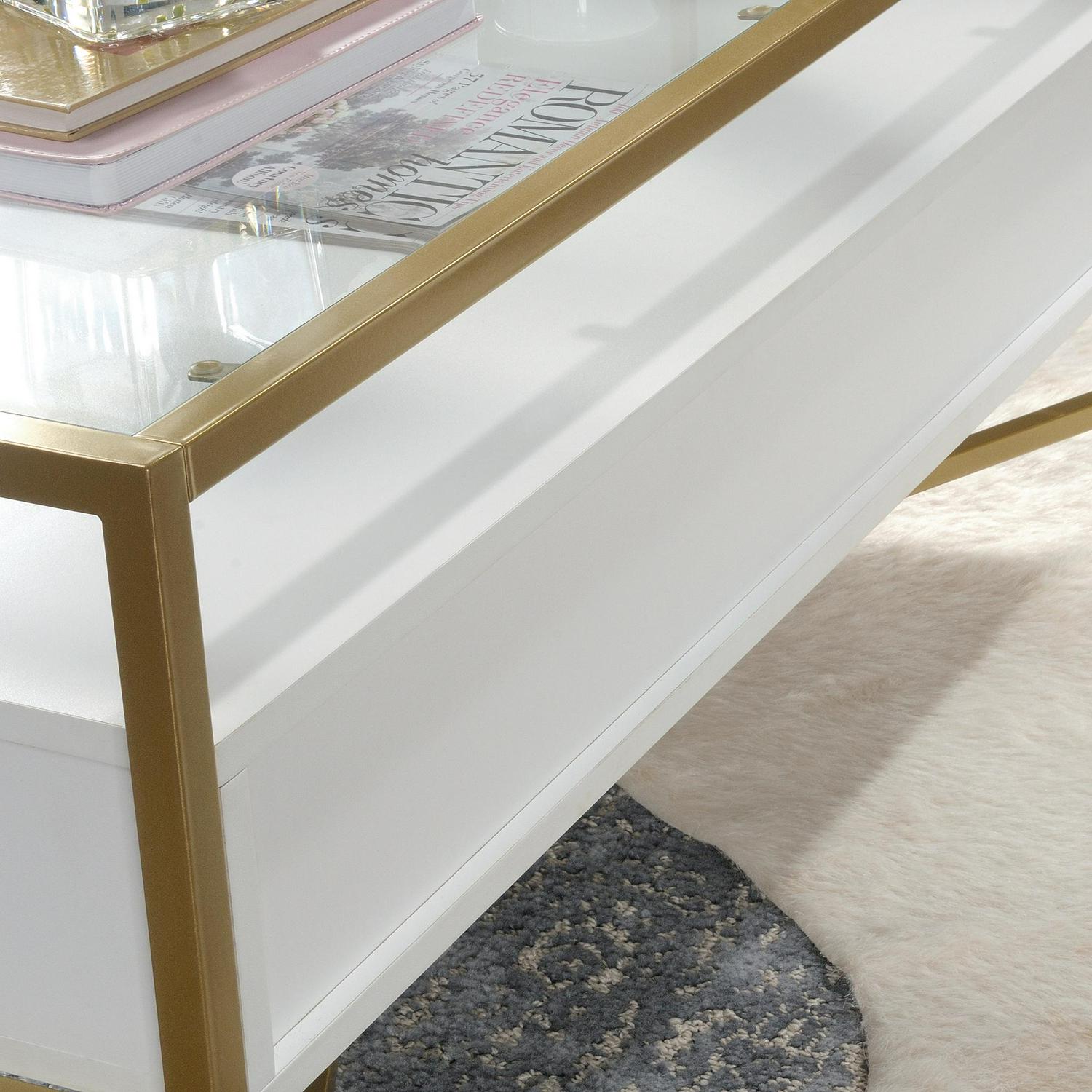 Curiod Glass Top Gold Metal Rectangular Coffee Table with Storage White Finish  Crowdfused