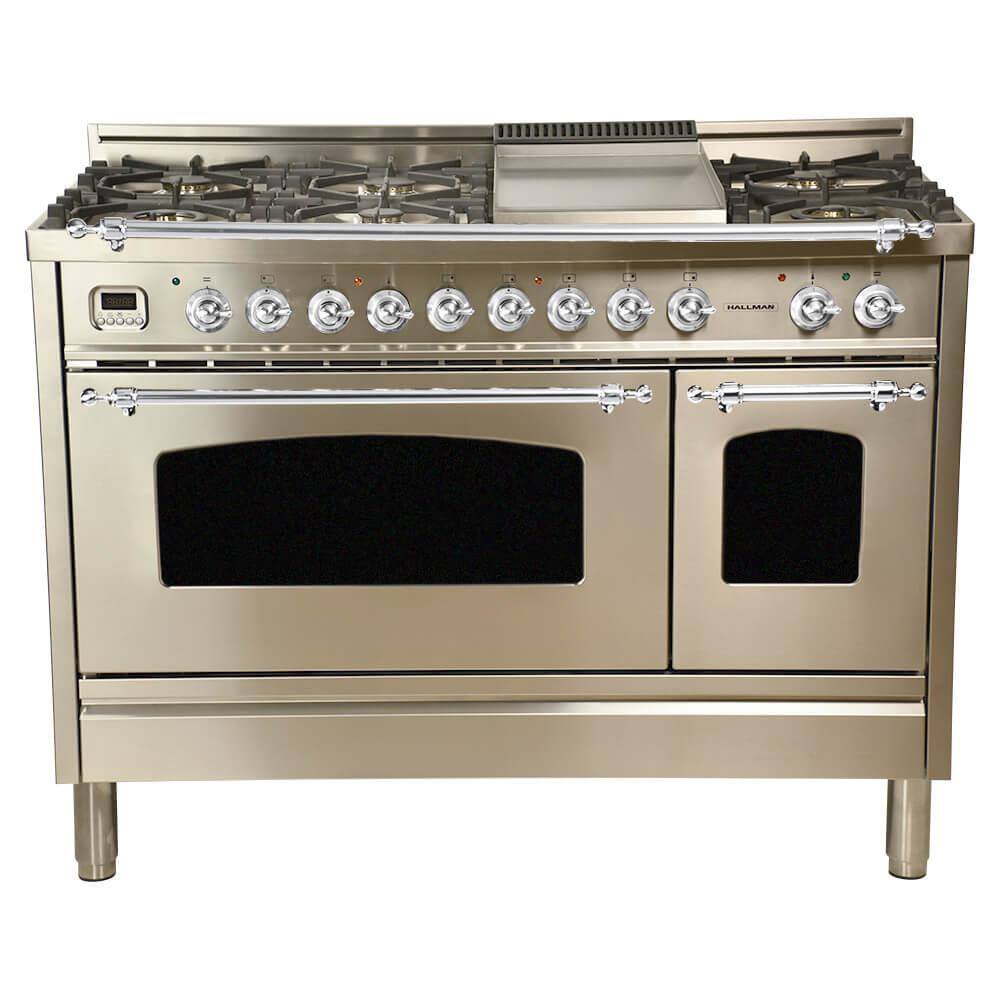 Hallman 48 in 5.0 cu.ft. Double Oven Dual Fuel Italian Range wTrue Convection 7 Burners Griddle Chrome TrimStainless Steel HDFR48CMSS