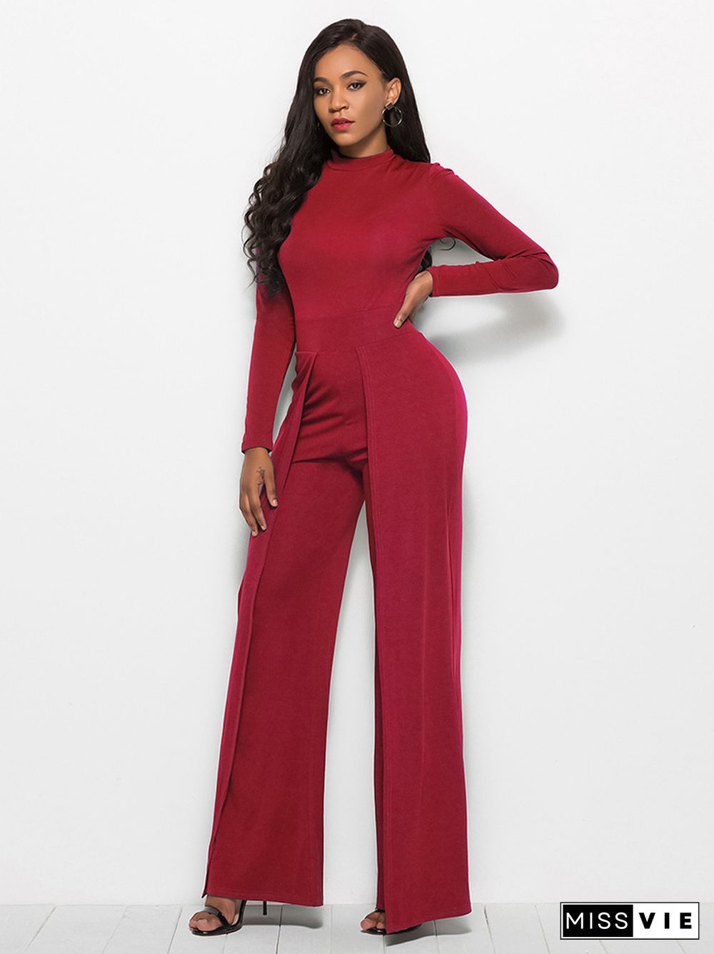 Fashion Crew Neck Long Sleeve Wide Leg Jumpsuit