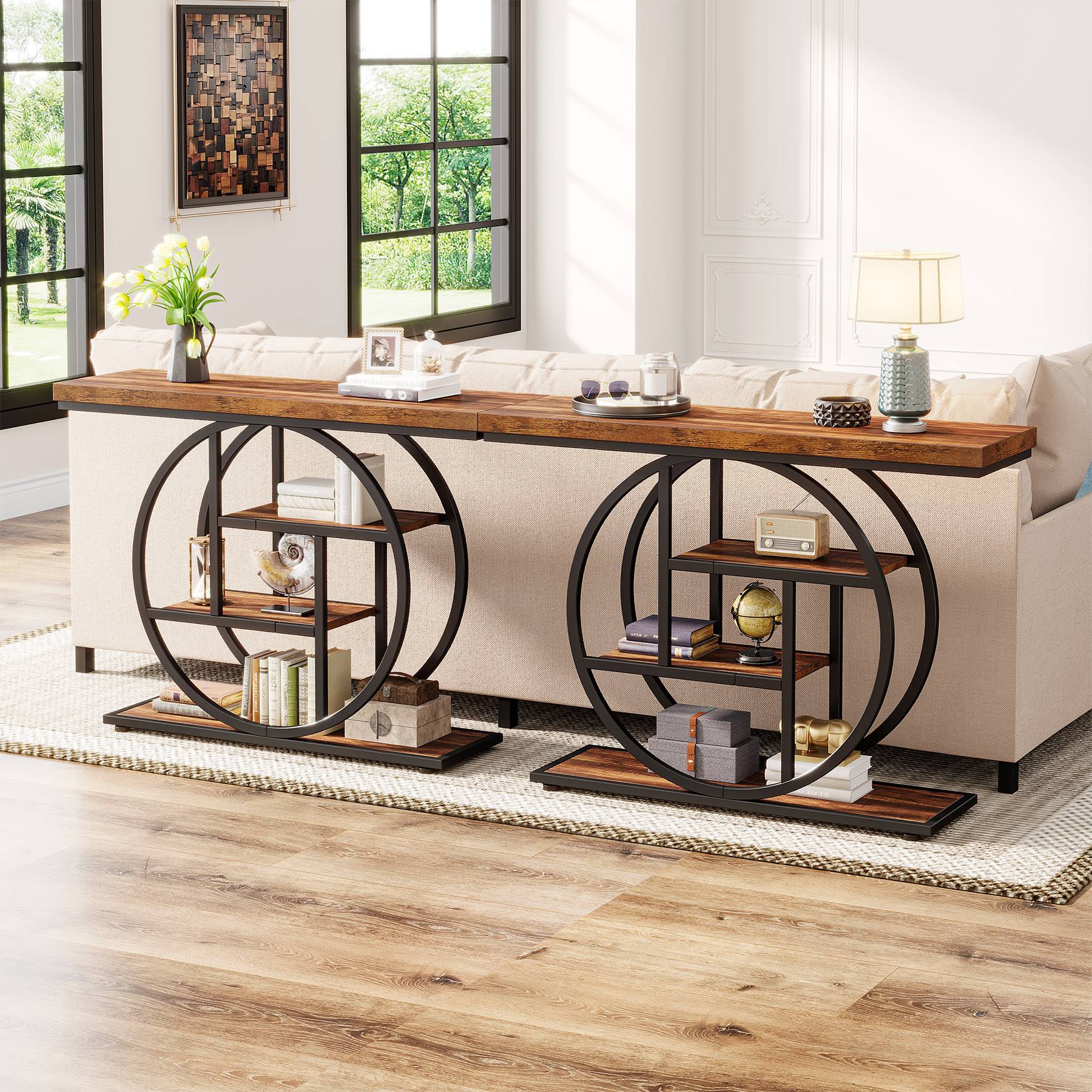 41.3 Console Table, Industrial 4-Tier Sofa Entryway Table with Circle Base