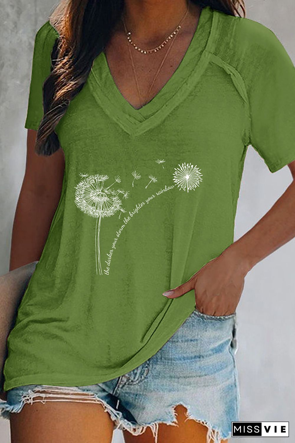 Dandelion Print V Neck Graphic Tee