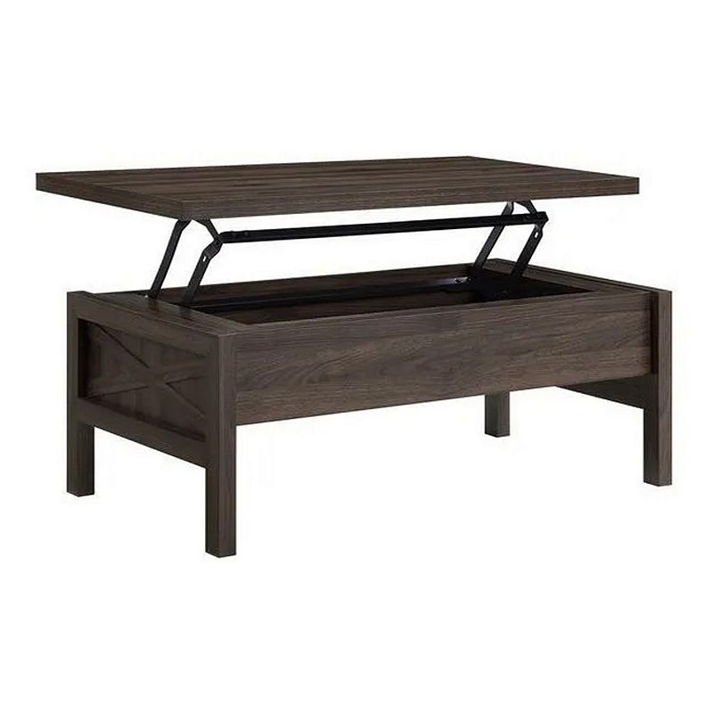 Coffee Table with Lift Top Storage and Cross Side Panel， Brown