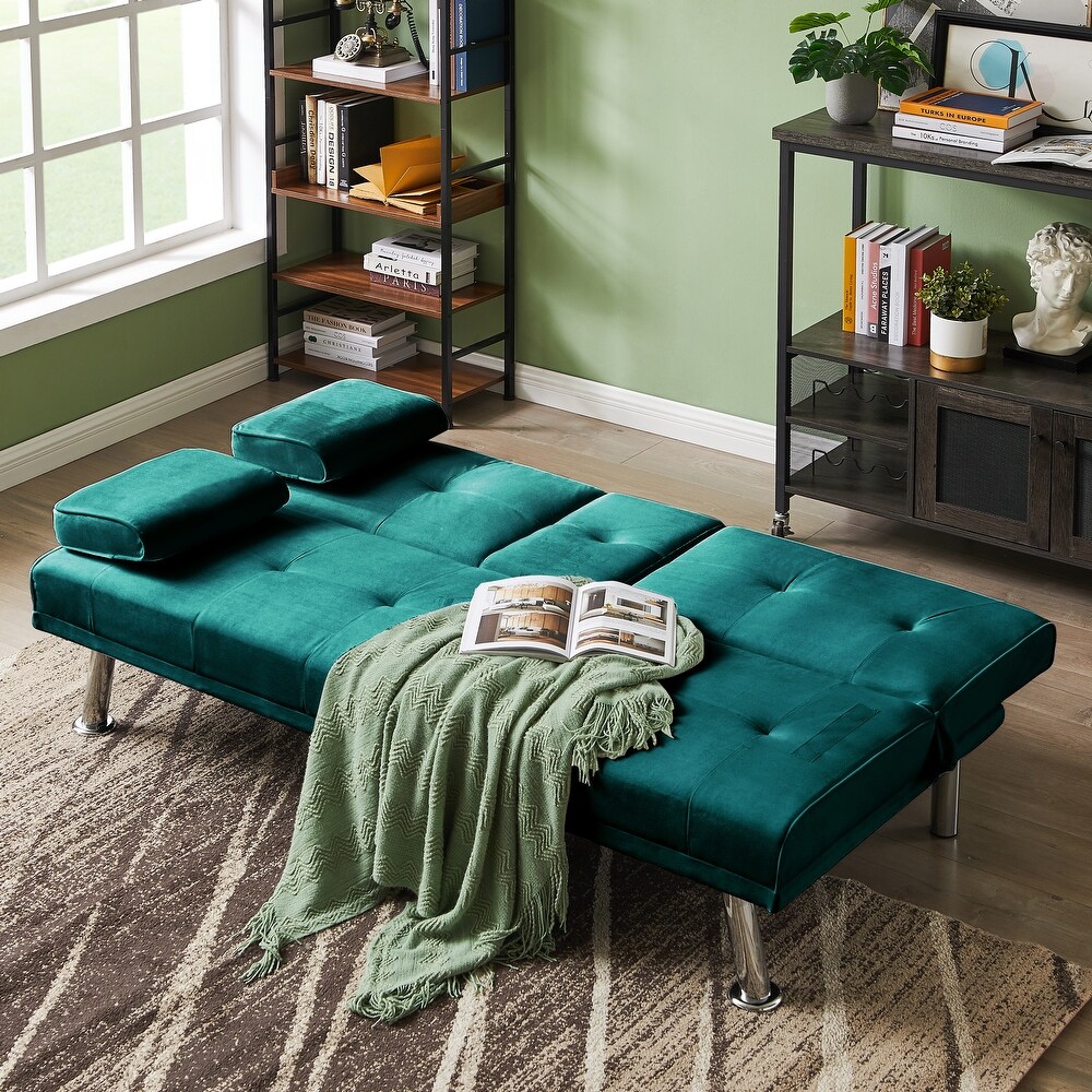 Velvet Upholstered Loveseat Bed Modern Convertible Futon Sofa Bed Folding Backrest Sleeper Sofa w/ Console   Cup Holders  Green