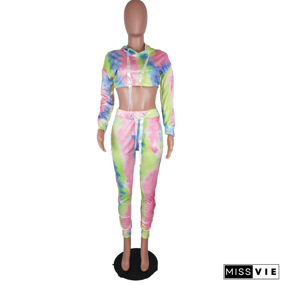 Tie Dye Print Hooded Crop Top Skinny Pants Set