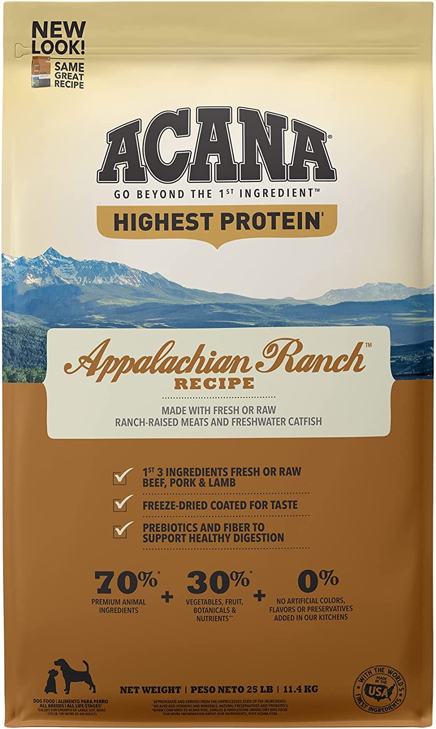 ACANA Highest Protein， Appalachian Ranch， Grain Free Dry Dog Food， 25lb