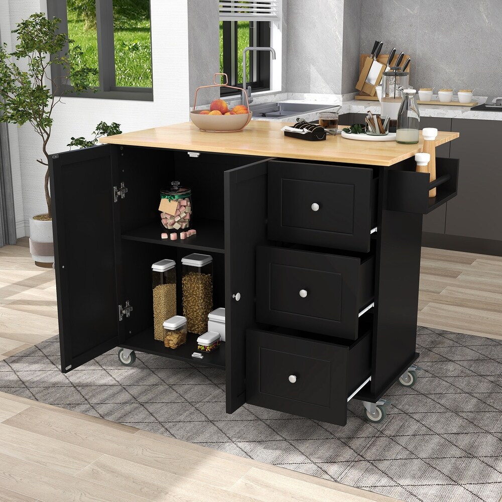 Rolling Mobile Kitchen Island with Drop Leaf   Solid Wood Top  Locking Wheels   Storage Cabinet and 3 Drawers