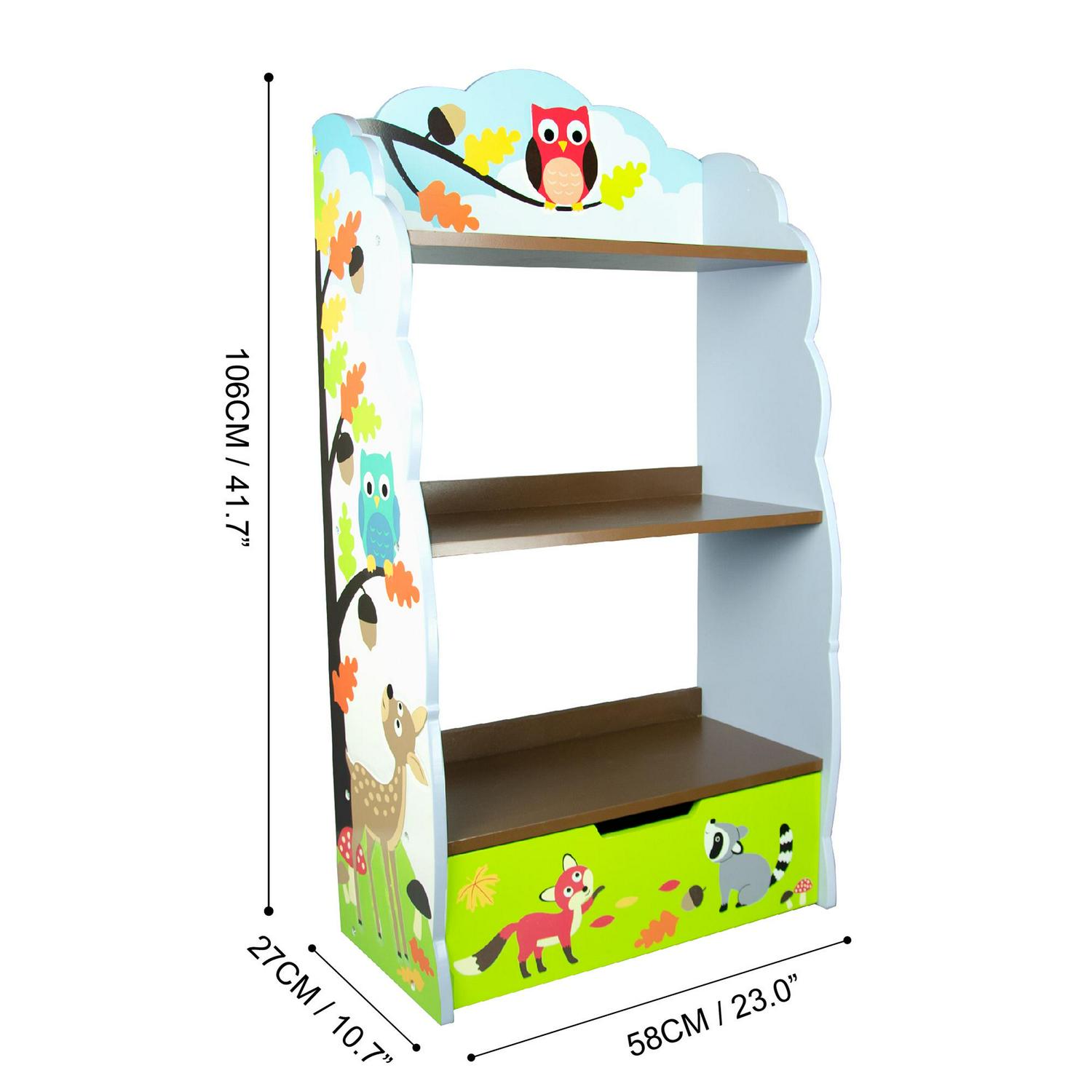 Fantasy Fields by Teamson Kids Enchanted Woodland Kids Wooden Bookshelf with Storage Drawer， Multicolor