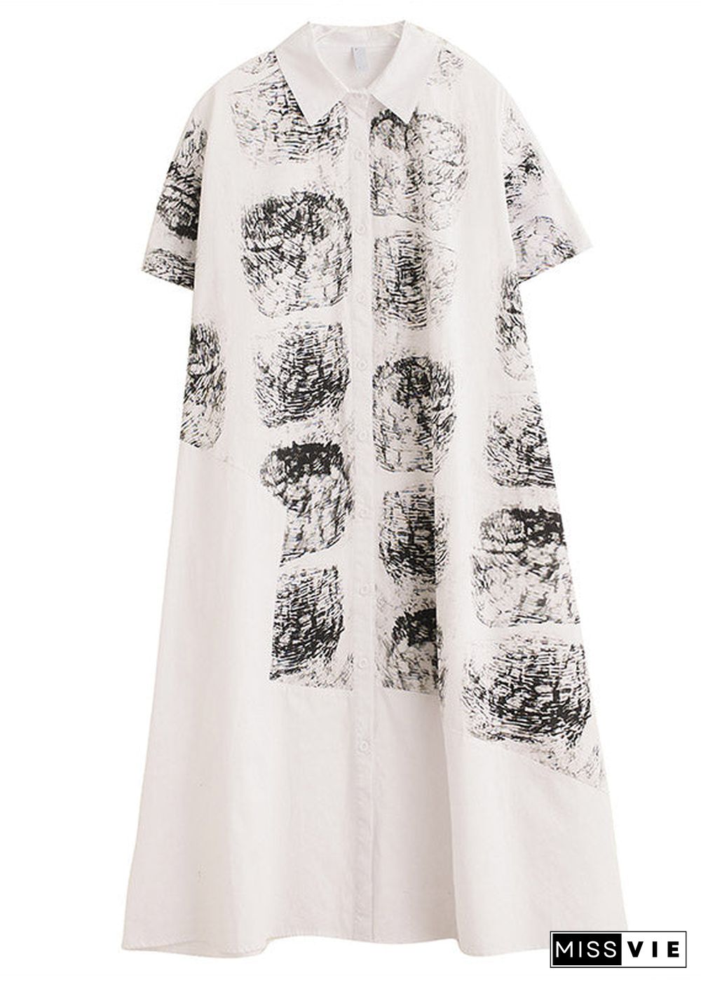 Women White Peter Pan Collar Print Long Shirt Dress Summer