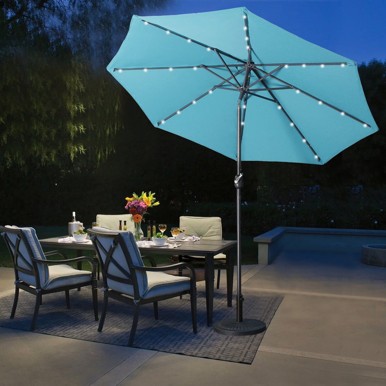 9Ft LED Lights Outdoor Solar Patio Umbrella for Deck, Pool W/ Tilt & Crank, 8 Ribs, Lake Blue