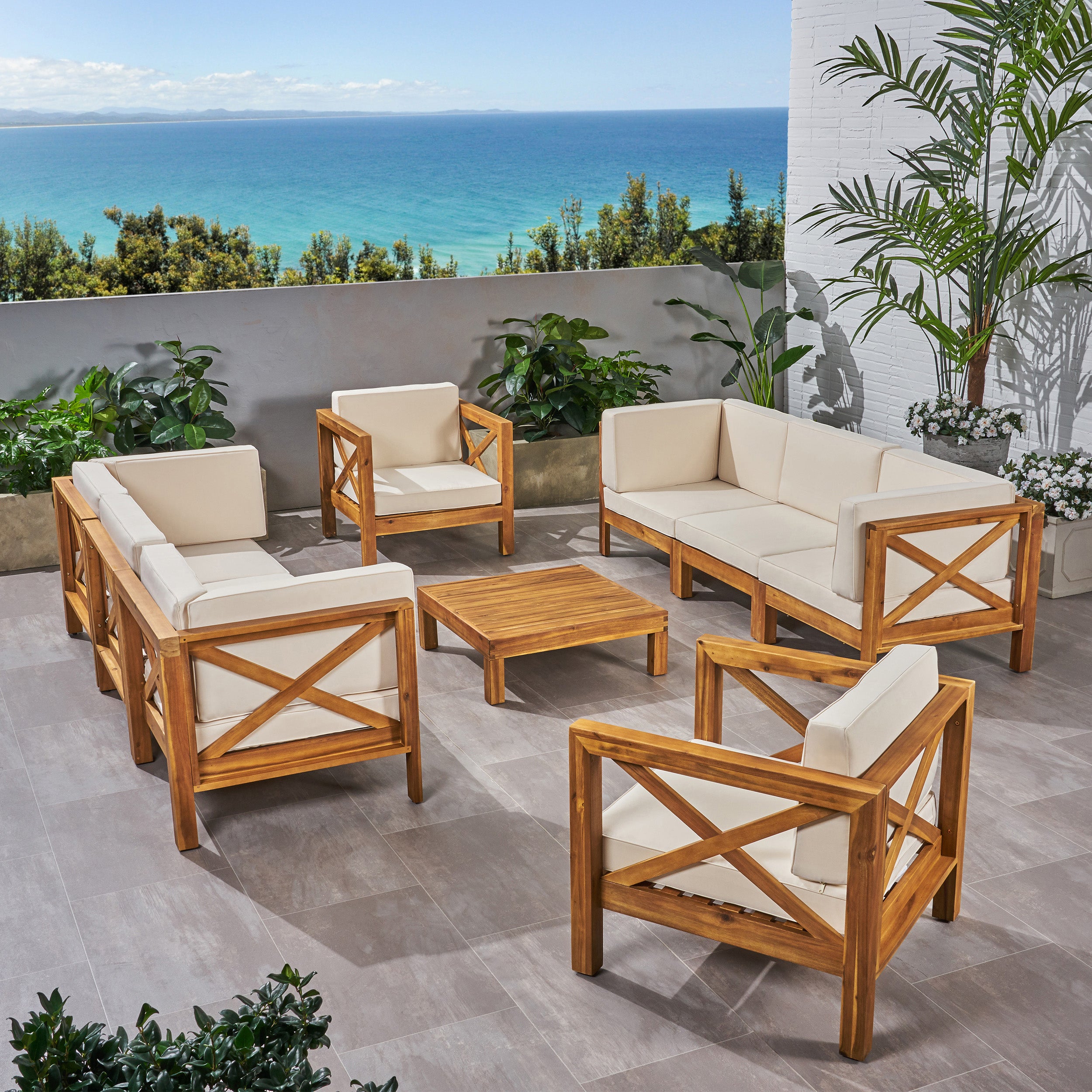 Morgan Outdoor 8 Seater Acacia Wood Sofa and Club Chair Set