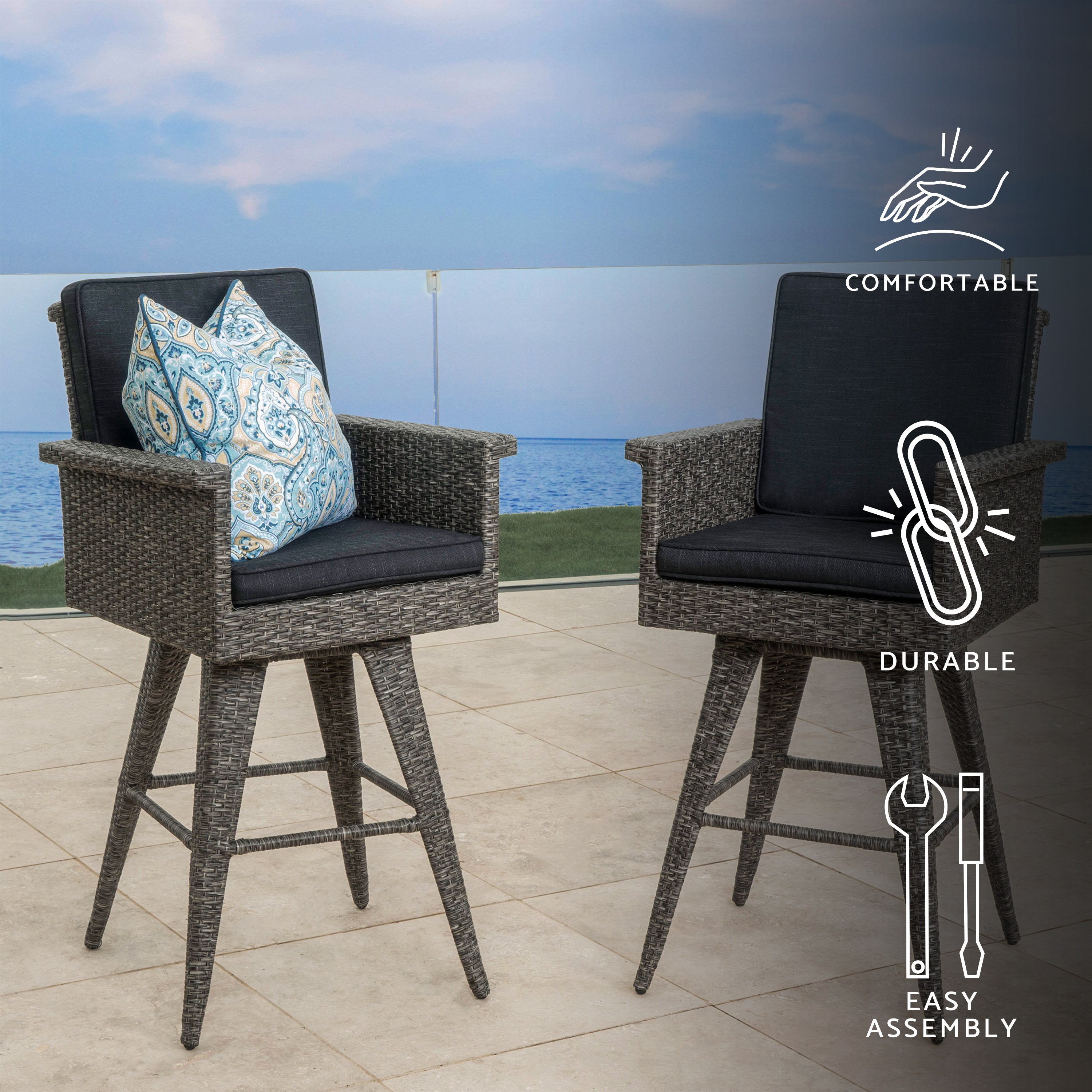 Budva 30-Inch Outdoor Gray Wicker Barstool (set of 2)