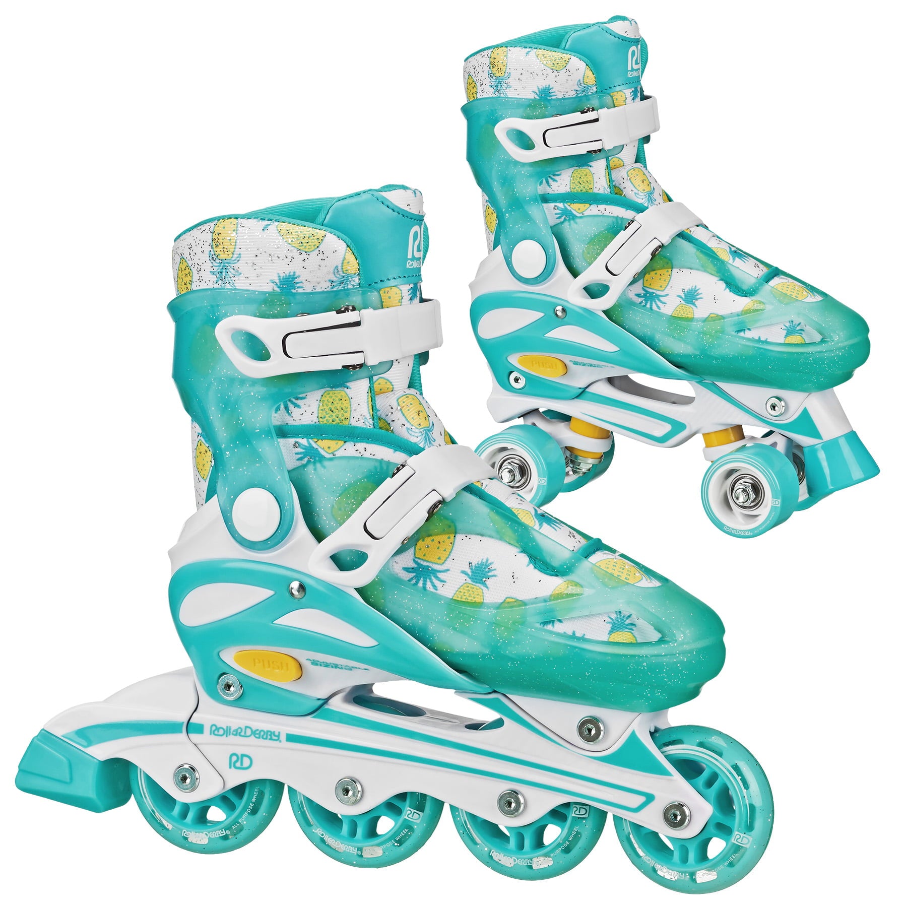 Roller Derby Sprinter Girl's 2-in-1 Quad Roller and Inline Skates Combo, Pineapple (Size 3-6)