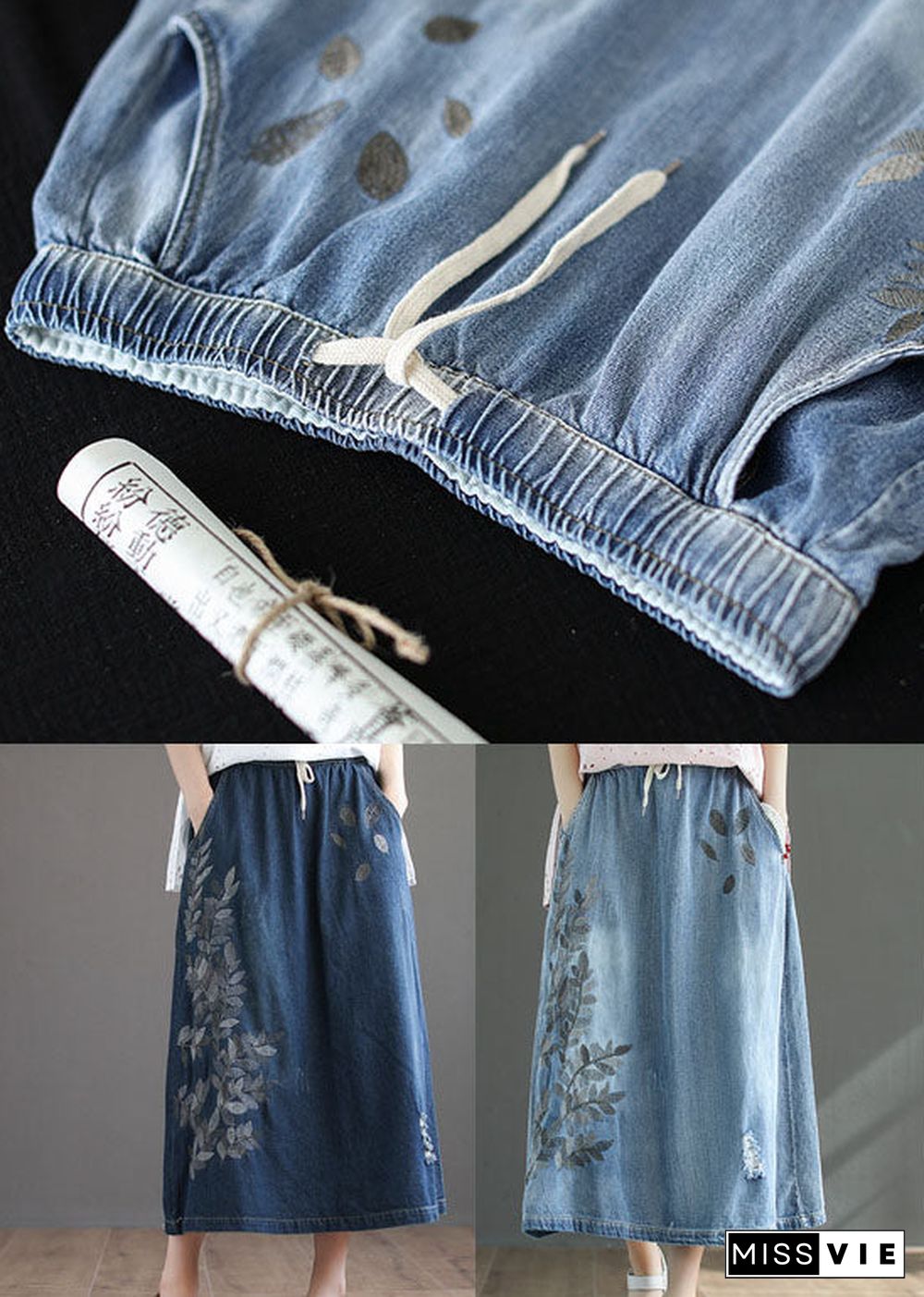 French Light Blue High Waist Drawstring Print Cotton Denim Skirts Summer