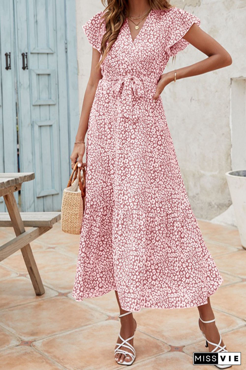 Floral Print Short Sleeve V Neck Long Dress Wholesale