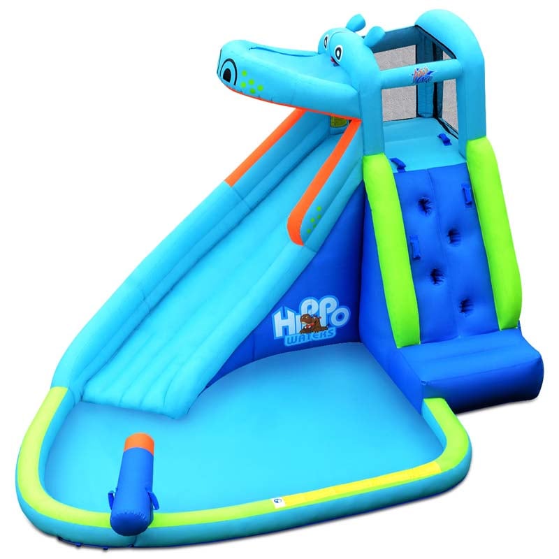 5-in-1 Hippo Water Park Bounce House Inflatable Water Slide with Splash Pool, Climbing Wall, Water Cannon, 740W Blower