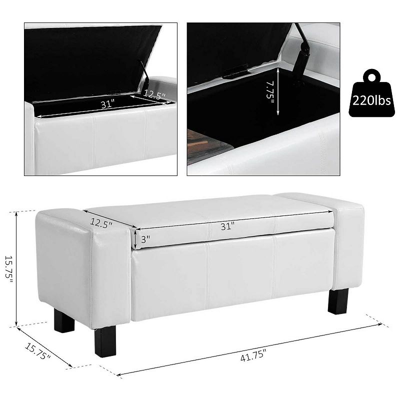 HOMCOM 42 Faux Leather Storage Ottoman Bench Organizer Chest Rectangular Footstool with Hinged Lid for Living Room Entryway or Bedroom   Cream White