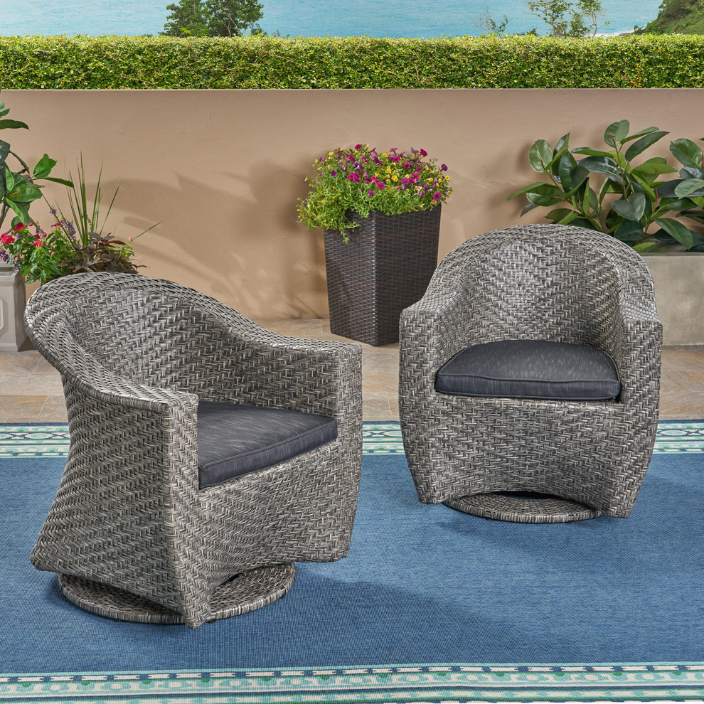 GDF Studio Florence Outdoor Wicker Swivel Chairs With Cushions  Set of 2   Tropical   Outdoor Lounge Chairs   by GDFStudio  Houzz