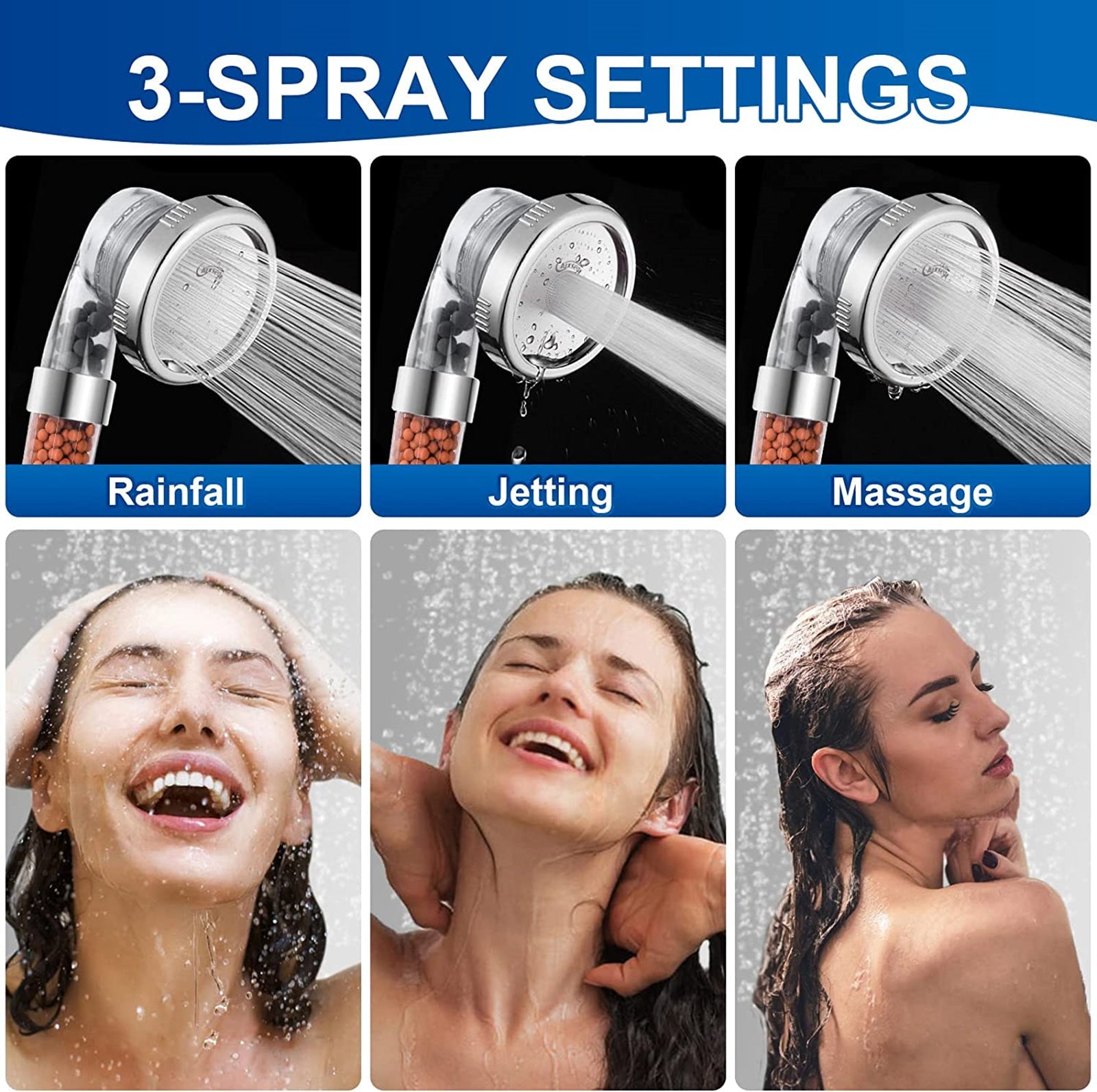 AUSPICIOUS Filtered Shower Head, 3 Settings High Pressure Water Saving Handheld Shower head with Filter Beads, for Hard Water Remove Chlorine and Harmful Substance