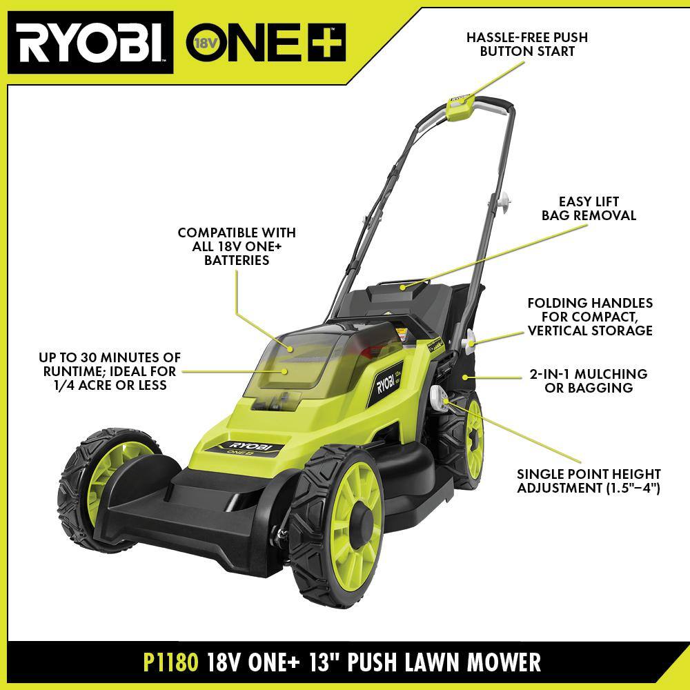 RYOBI ONE+ 18V 13 in. Cordless Battery Walk Behind Push Lawn Mower (Tool Only) P1108BTL