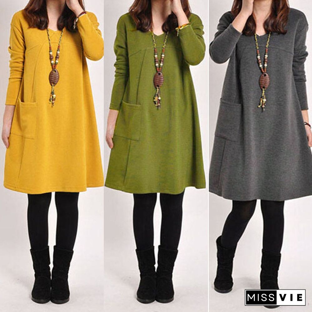 5 color Women Winter Long Loose Casual Cotton Pregnancy Dress Sleeve Pocket Tunic Tops