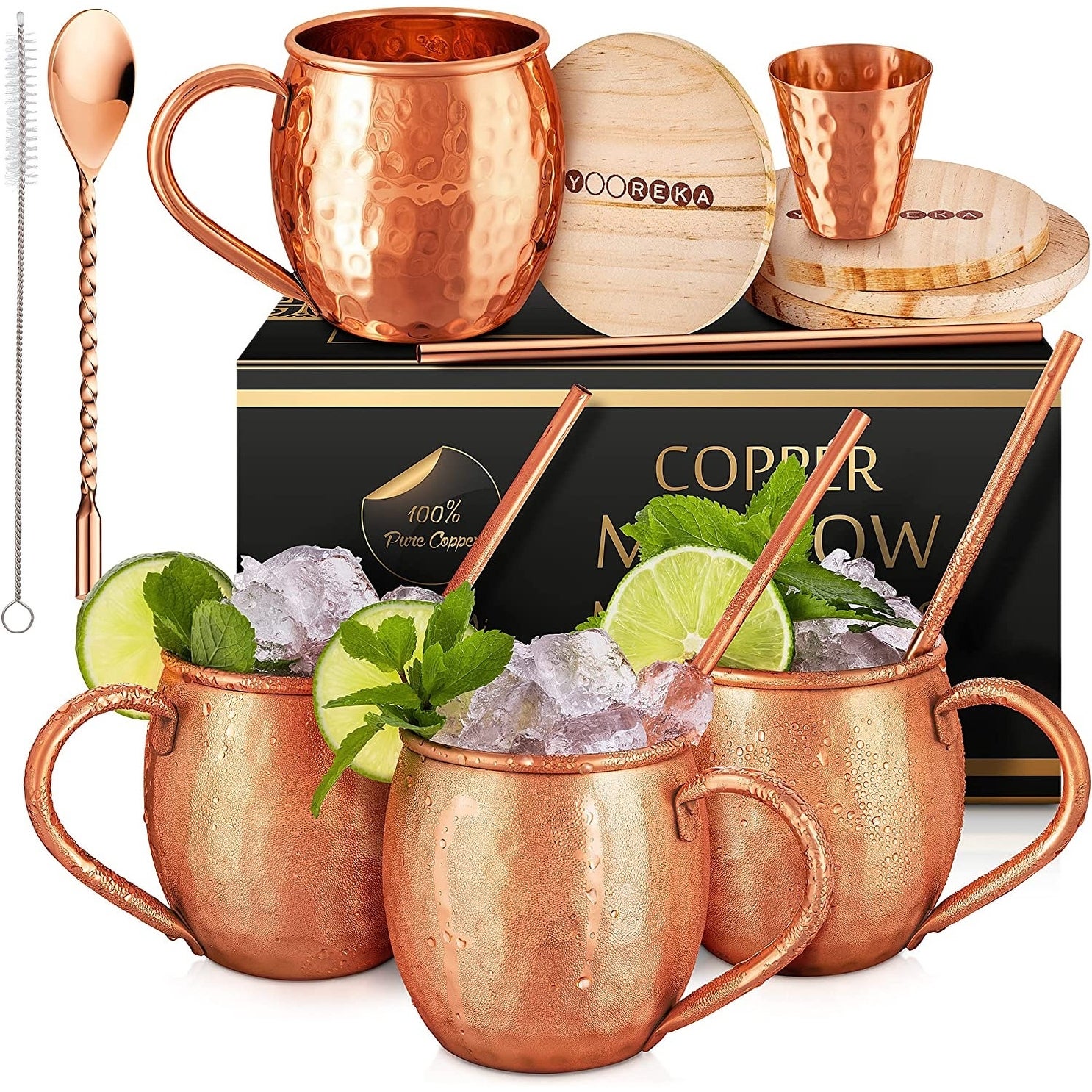 YOOREKA Moscow Mule Mugs Set Of 4 - Handcrafted and Genuine Copper with Accessories