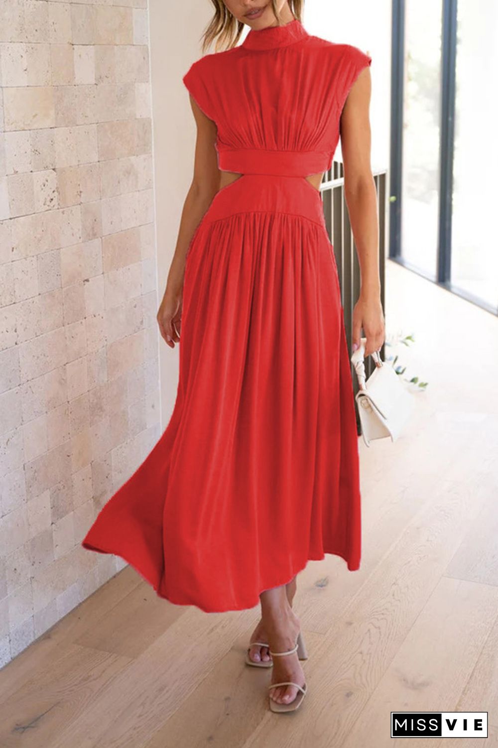 Plain Frilled High Collar Cut Out Waist Maxi Dress