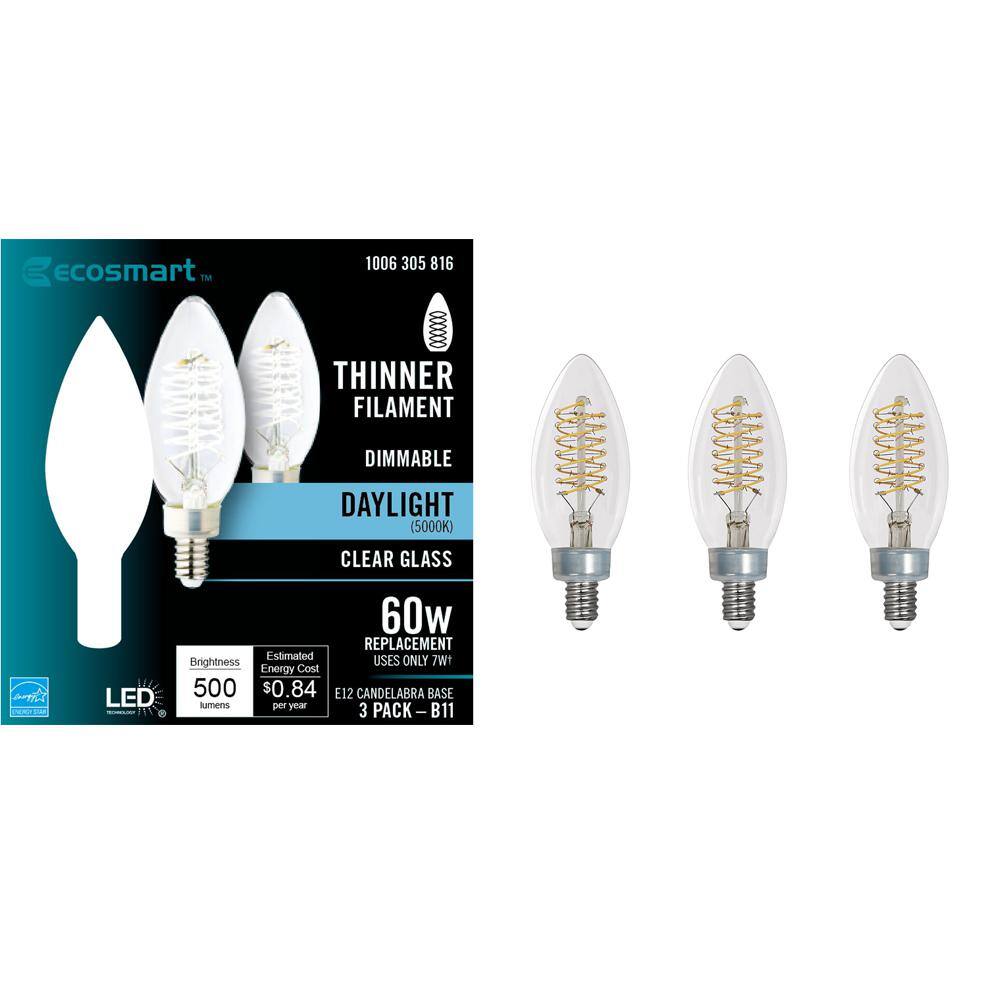 EcoSmart 60-Watt Equivalent B11 Dimmable E12 Candelabra Fine Bendy Filament LED Vintage Edison Light Bulb Daylight (3-Pack) B11C7E12850S