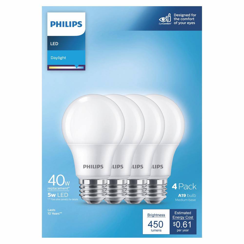 Philips 40-Watt Equivalent A19 Non-Dimmable E26 LED Light Bulb Daylight 5000K (4-Pack) 575811