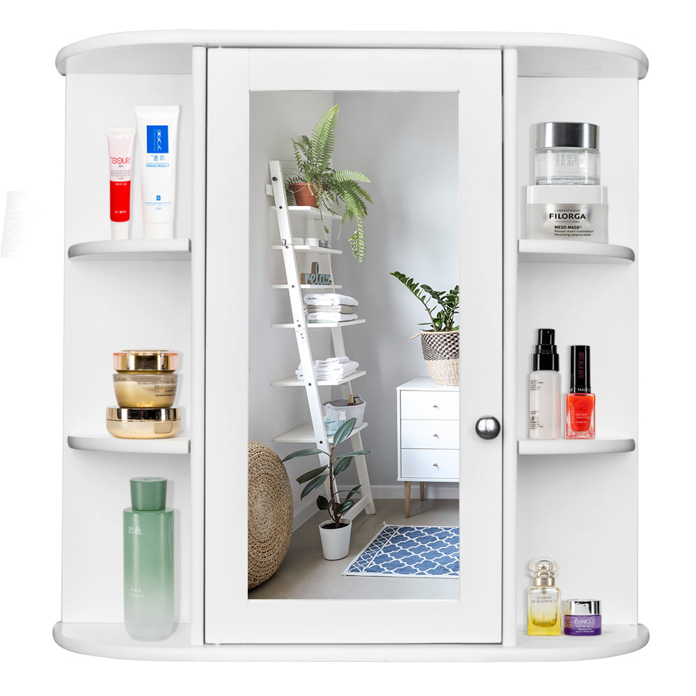 Ktaxon Wooden Bathroom Storage Cabinet with Mirror Door & 8 Shelves, Wall Mounted Medicine Cabinet Organizer Spacesaver for Kitchen Laundry Room Hotels Home, White