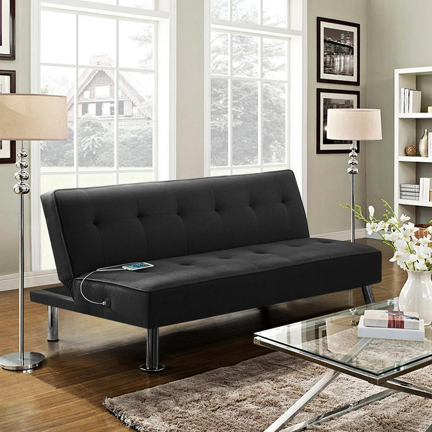 Alden Design Modern Fabric Convertible Futon with USB， Black