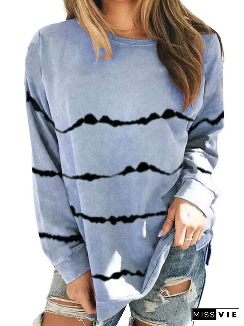 Women's Plus Size Tops T Shirt Print Striped Large Size Round Neck Long Sleeve Big Size