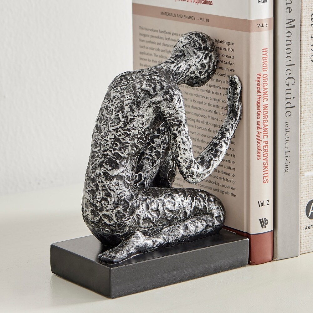 Danya B. Kneeling Figure Sculptures Polyresin Silver and Black Finish Bookend Set of 2