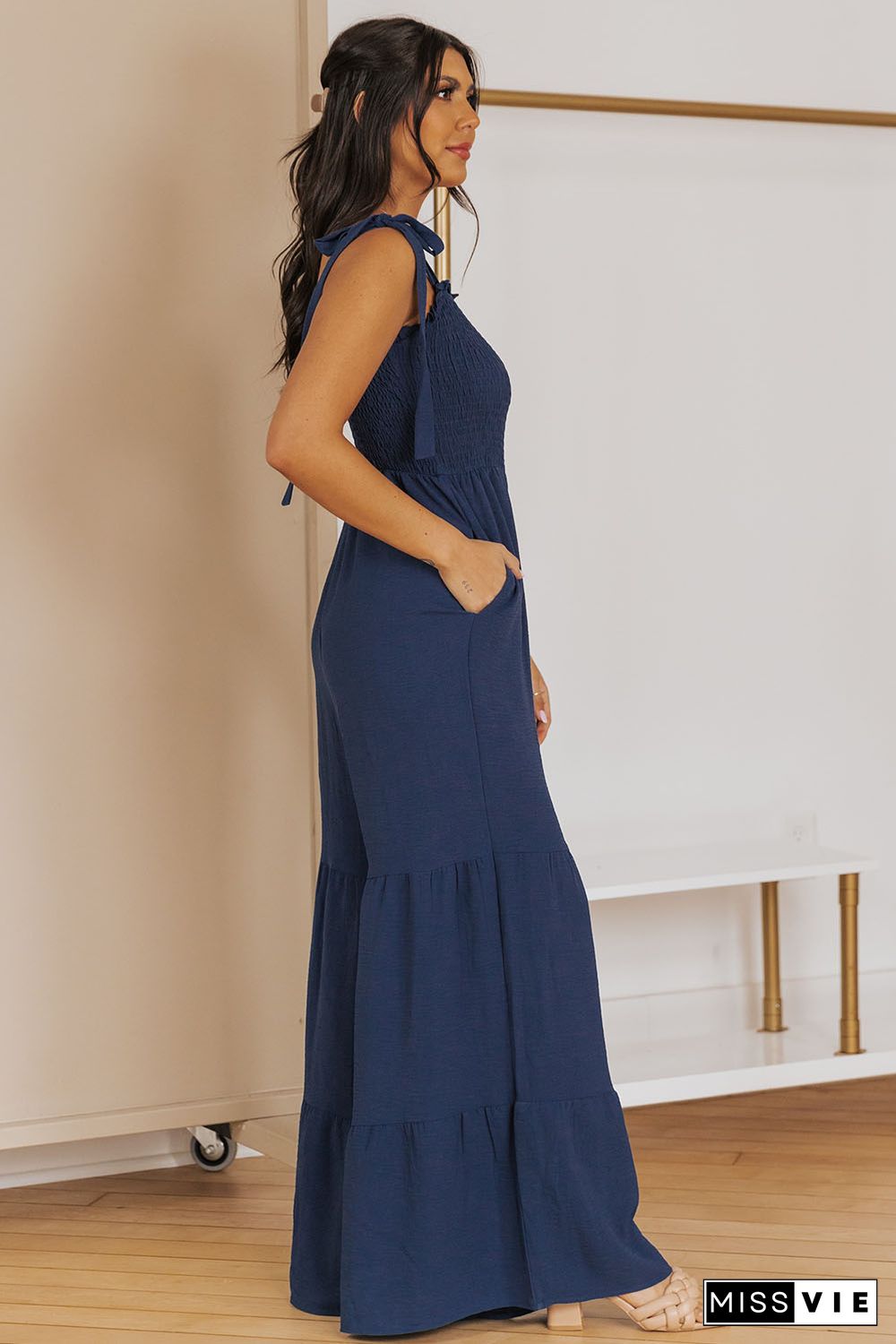 Blue Tie Straps Shirred Bodice Tiered Wide Leg Jumpsuit