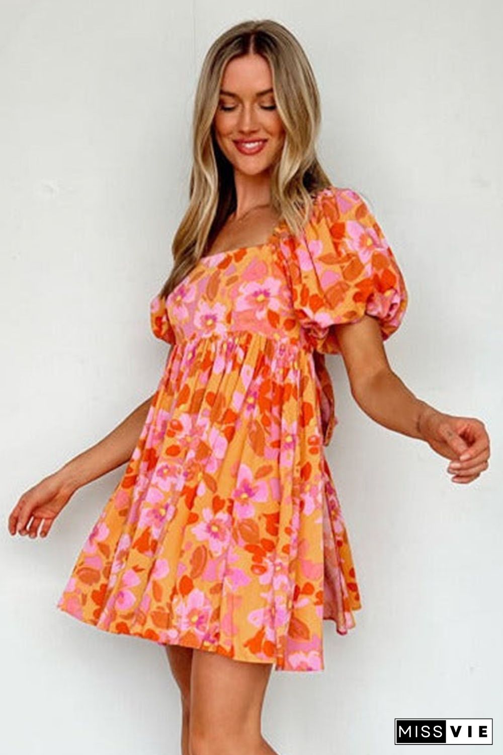 Orange Puff Sleeve Bow Knot Open Back Floral Mini Dress