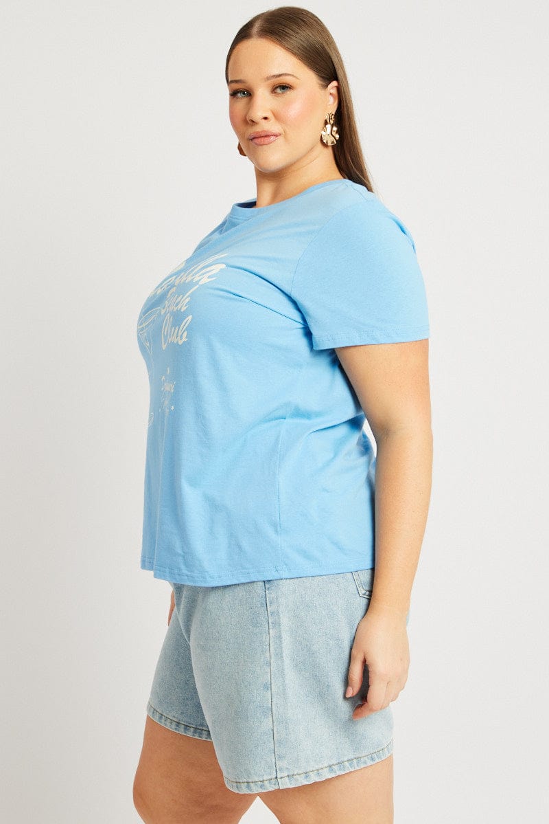 Blue Graphic T Shirt Short Sleeve Crew Neck