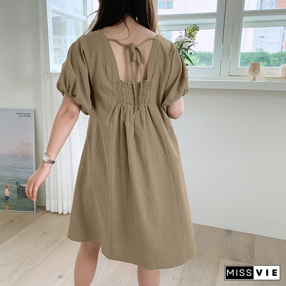 Oversized Women Retro Loose Party Solid Cotton Short Sleeve Sundress Elastic Cuff Mini Shirt Dress