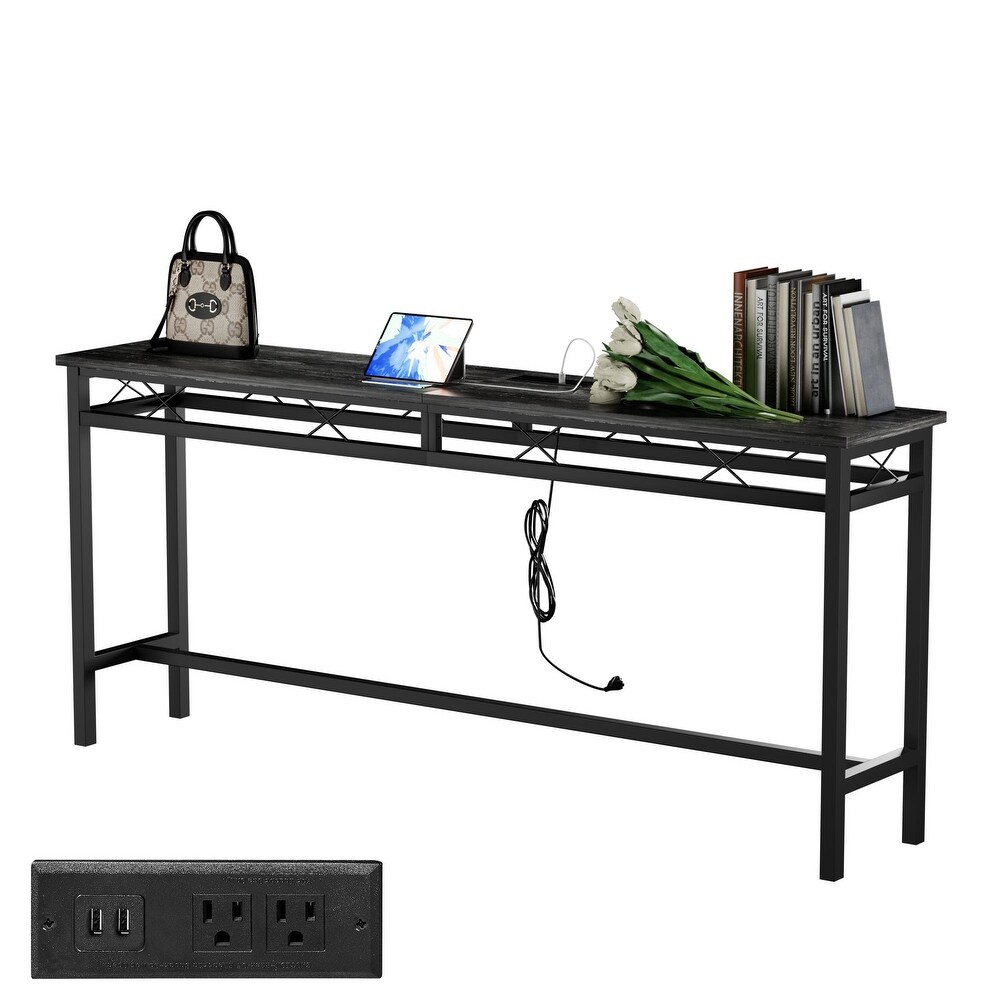 Javlergo Console Table with with Charging Station   USB Ports  Charcoal Gray