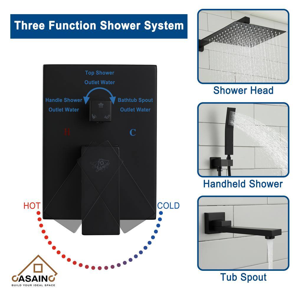 CASAINC 1-Handle 1-Spray Pattern 10 in. Wall Mount Shower Set Shower Head Tub and Shower Faucet Matte Black (Valve Included) DB-W93103H-10