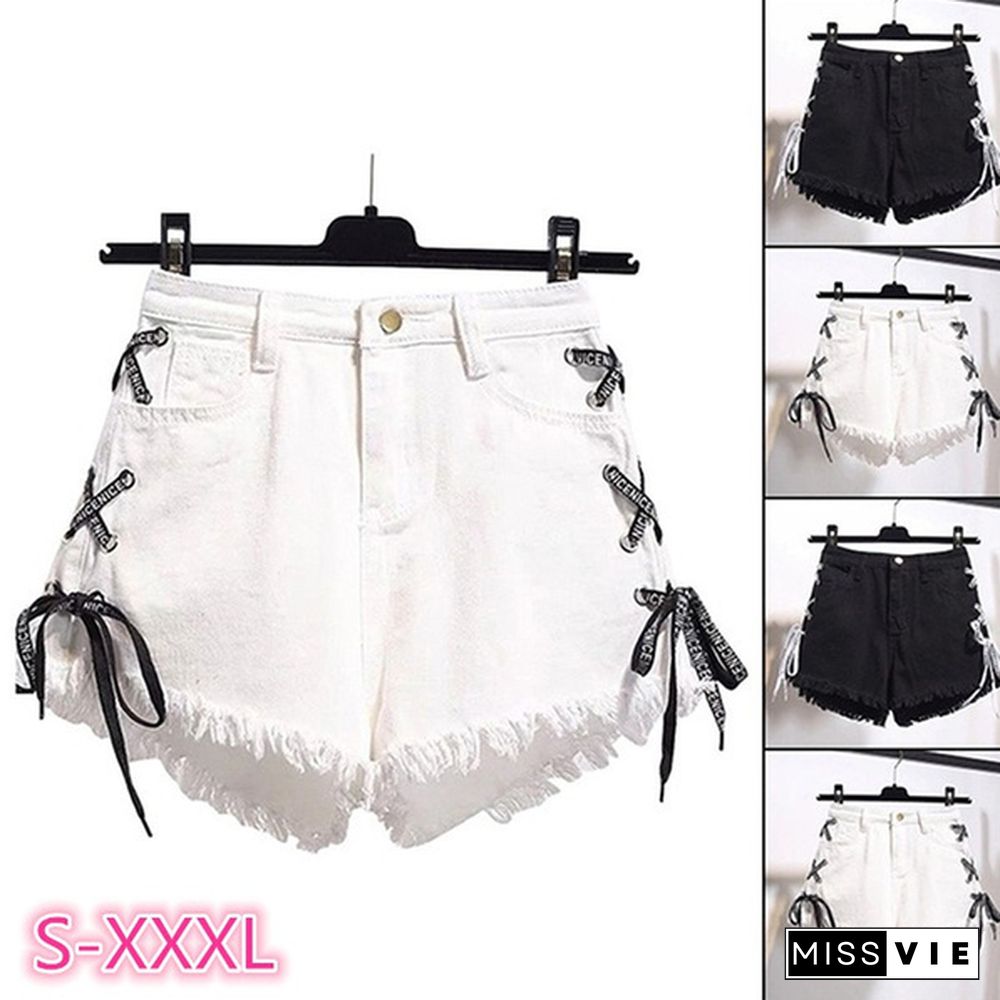 Summer New Fashion Two Colors Women Denim Shorts Pocket Burr High Waisted Jean Shorts Casual Lace-Up Hot Pants For Femme