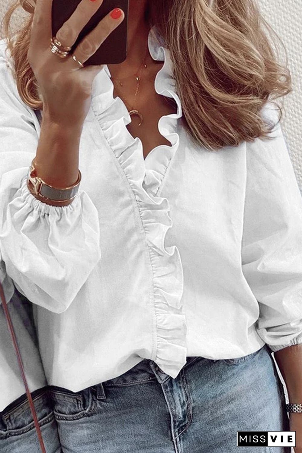 Deep V Neck Scallop Shirt