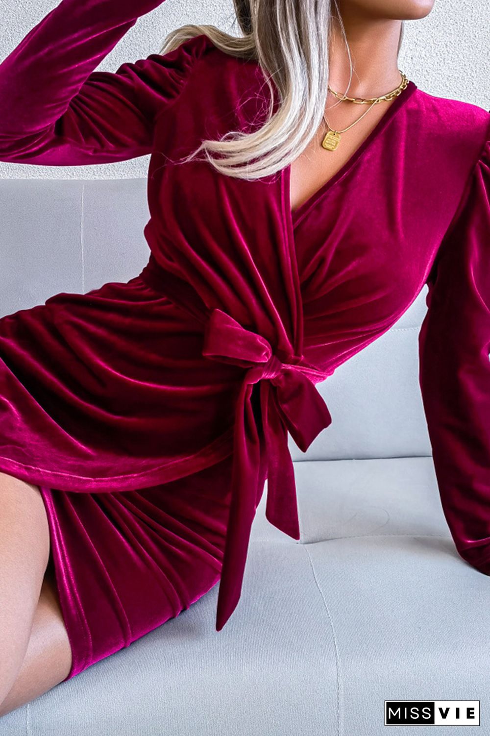 Puffy Sleeves Wrap V Neck Velvet Bodycon Dress