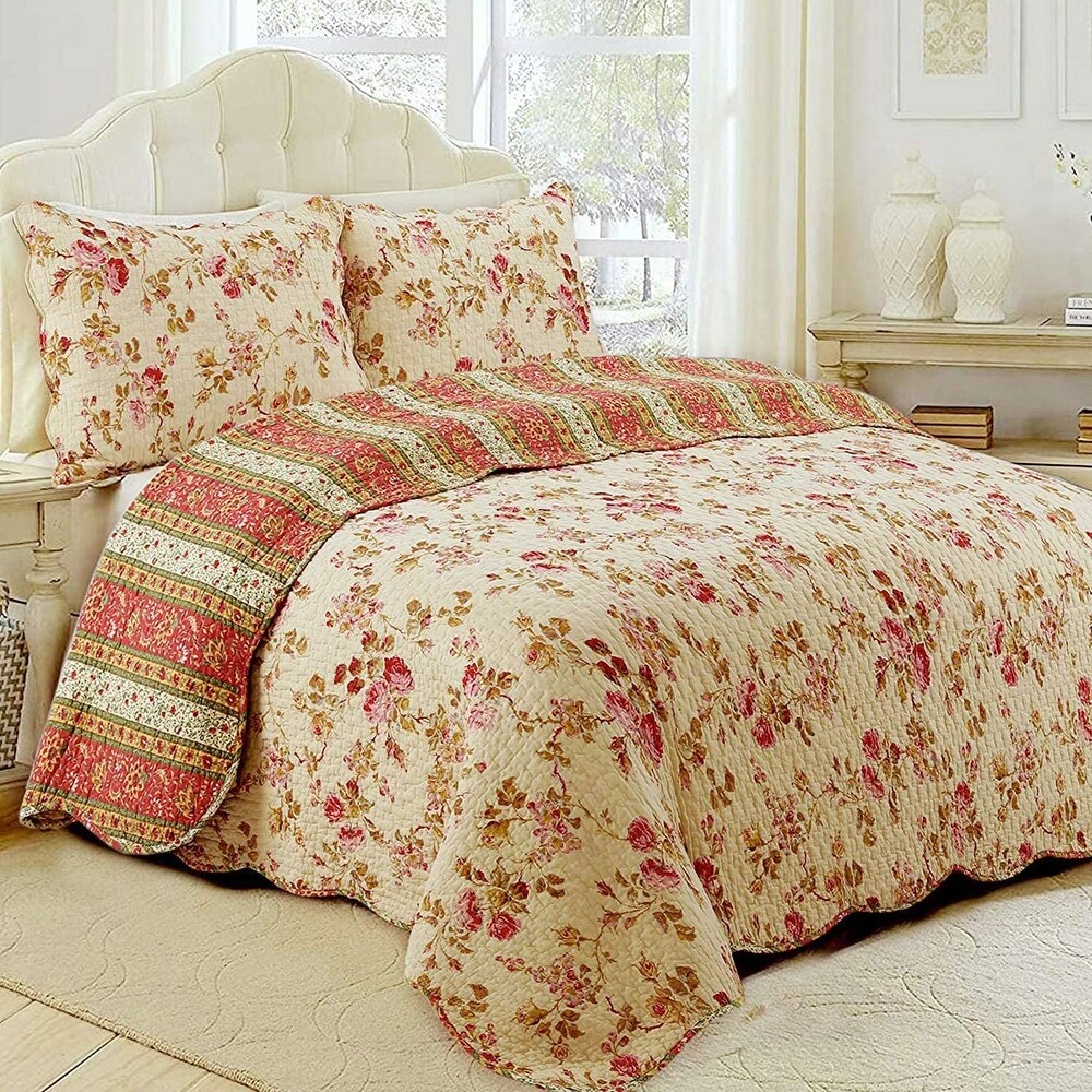 Cozy Line Charleston Cottage Floral Reversible Cotton 3 piece Quilt Bedding Set