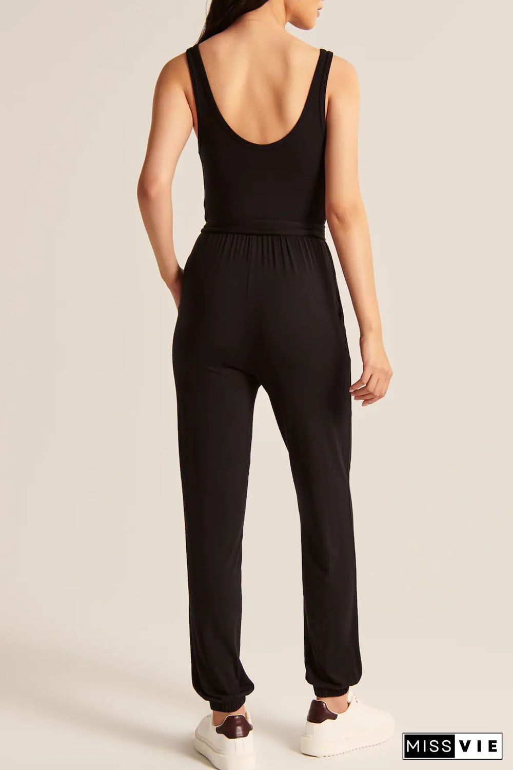 Black Buttons V Neck Slim-fit Lace-up High Waist Jumpsuit