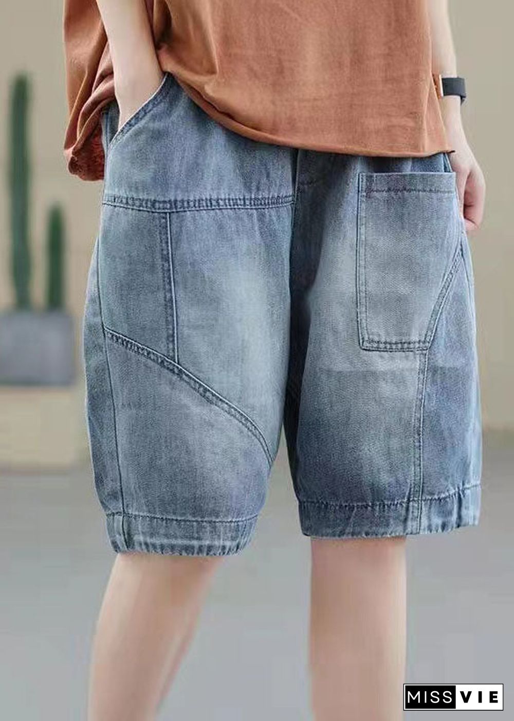 Handmade Denim Light Blue Elastic Waist Pockets Patchwork Cotton Short Pants Summer