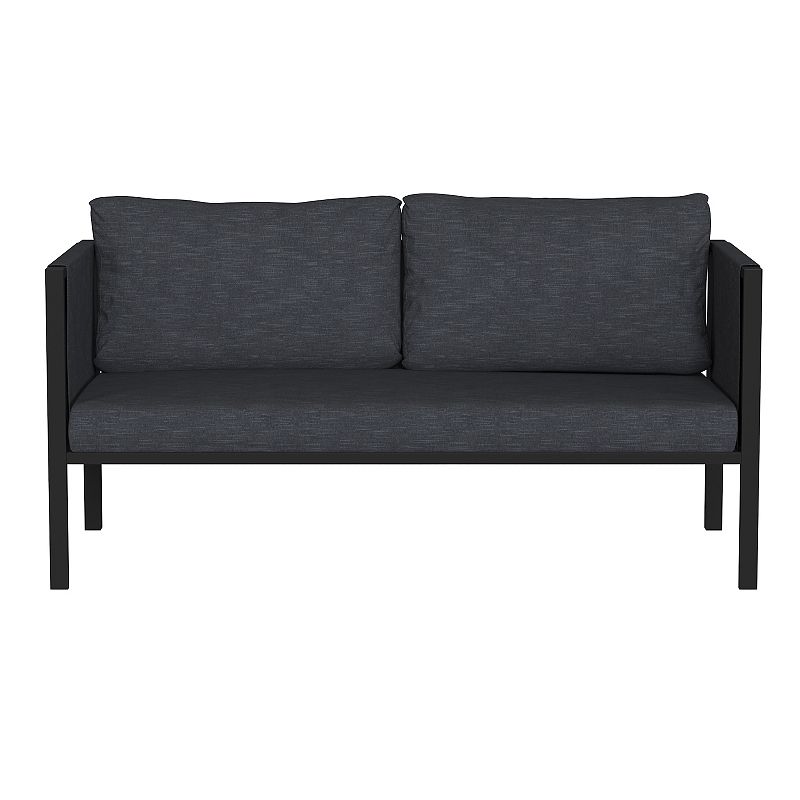 Merrick Lane Cape Cod Outdoor Love Seat/Sofa With Removable Charcoal Fabric Cushions And Black Steel Frame