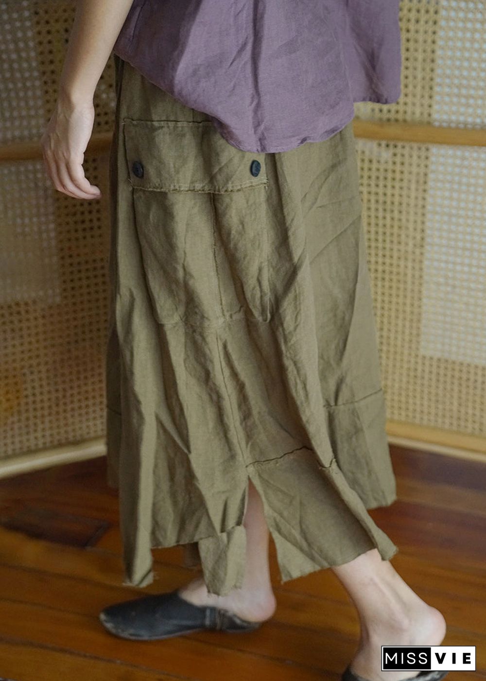 Fashion Green elastic waist drawstring Asymmetrical pocket Linen Skirt Spring